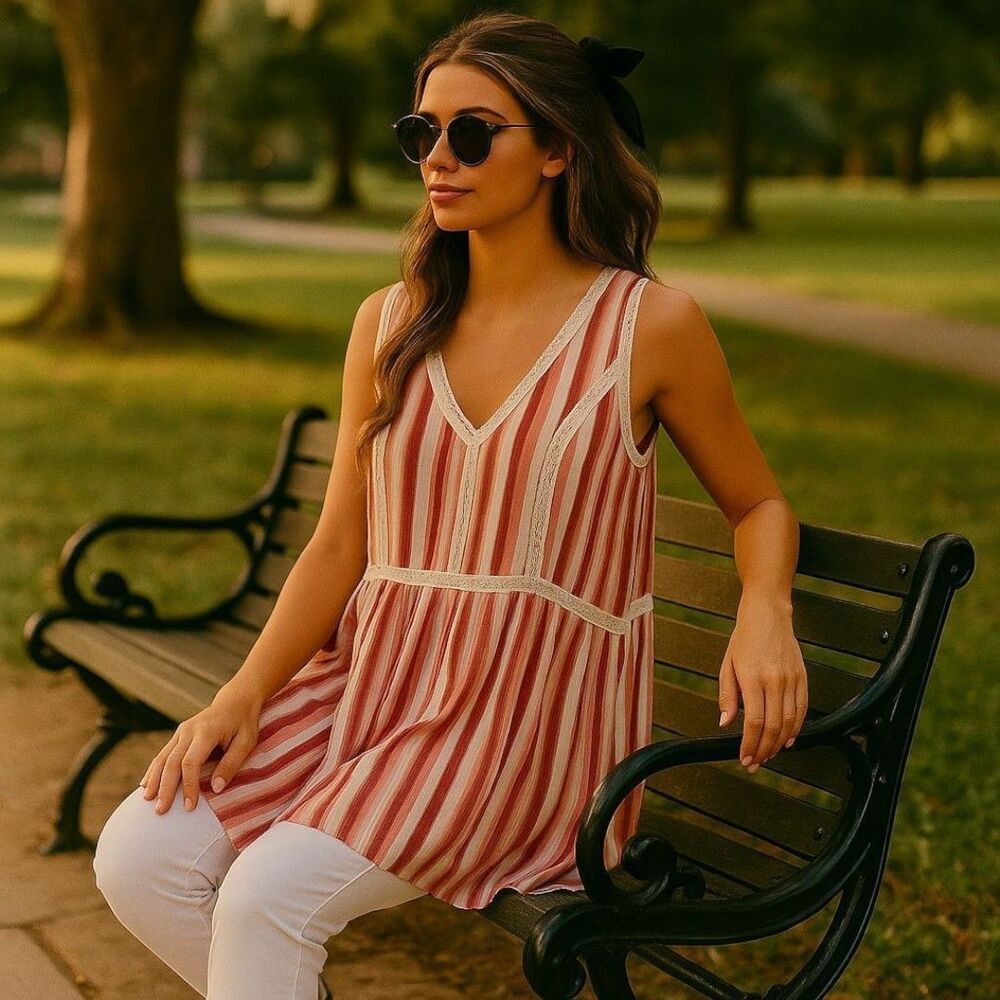 Lane Bryant Boho Striped Babydoll Tank Top Sz 22 Rayon Lace Trim Coral Red White